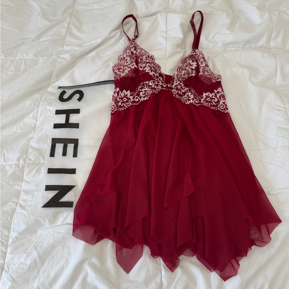 SHEIN Red Lace Mesh Babydoll | NWT Size Small | Front Closure Holiday